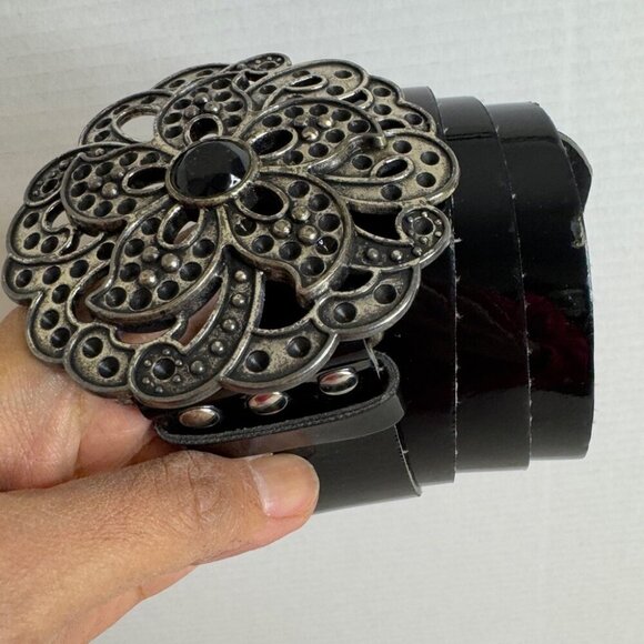 Y2K 90s Antoniazzi Firenze Genuine Patent Leather Belt Ornate Floral Buckle S/M - Picture 3 of 11